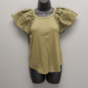 Loft Olive Green Top Womens S Ribbed Body Eyelet Flutter Sleeve Cottagecore Boho
